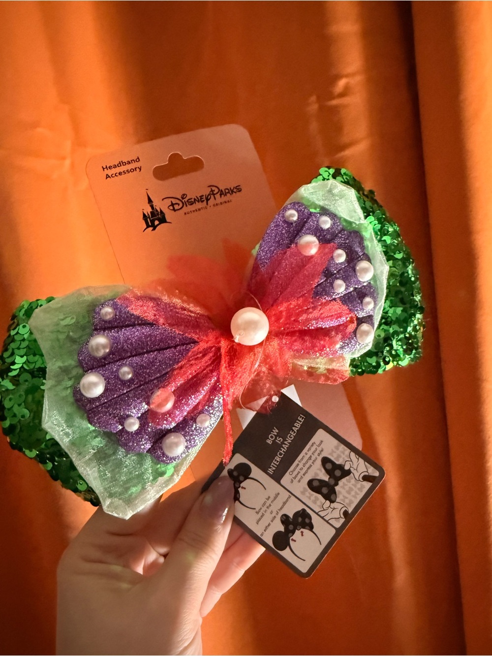 Disney Green Sequin Bow Headband with Purple & Pink Mermaid Accents